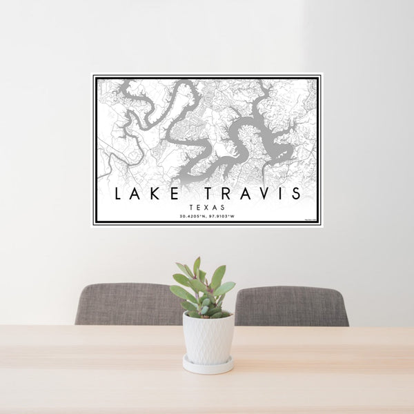 24x36 Lake Travis Texas Map Print Landscape Orientation in Classic Style Behind 2 Chairs Table and Potted Plant