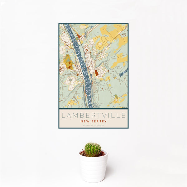 12x18 Lambertville New Jersey Map Print Portrait Orientation in Woodblock Style With Small Cactus Plant in White Planter