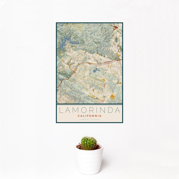 12x18 Lamorinda California Map Print Portrait Orientation in Woodblock Style With Small Cactus Plant in White Planter