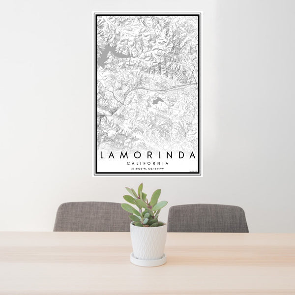 24x36 Lamorinda California Map Print Portrait Orientation in Classic Style Behind 2 Chairs Table and Potted Plant
