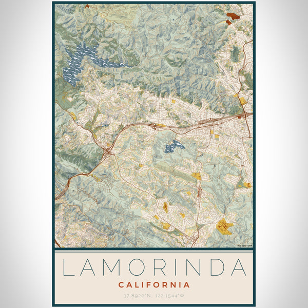 Lamorinda California Map Print Portrait Orientation in Woodblock Style With Shaded Background
