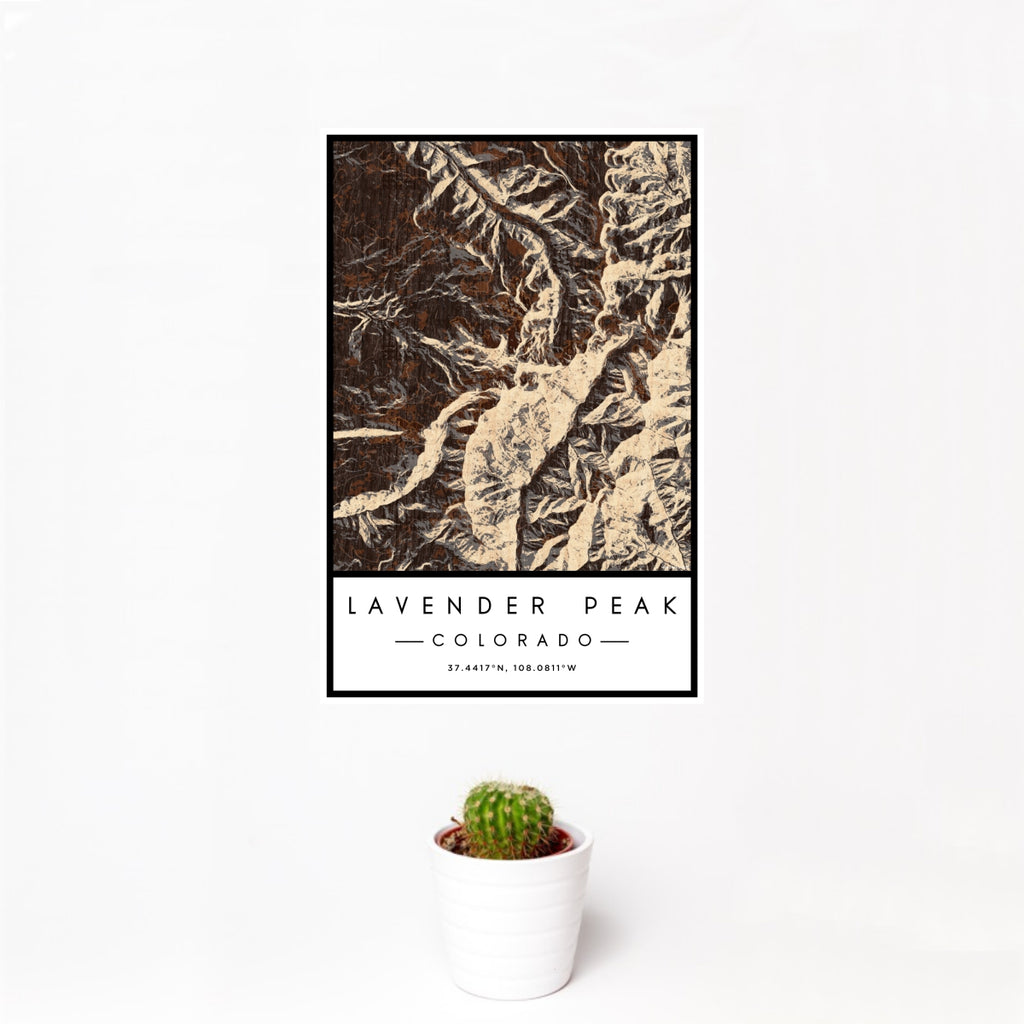 12x18 Lavender Peak Colorado Map Print Portrait Orientation in Ember Style With Small Cactus Plant in White Planter