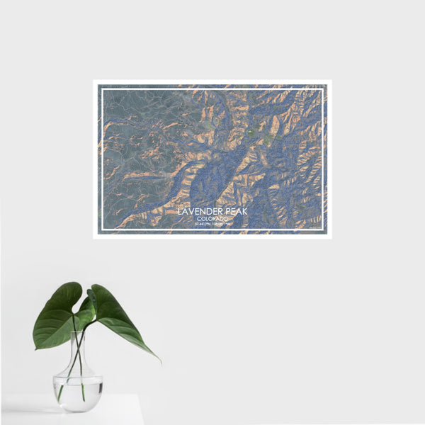 16x24 Lavender Peak Colorado Map Print Landscape Orientation in Afternoon Style With Tropical Plant Leaves in Water