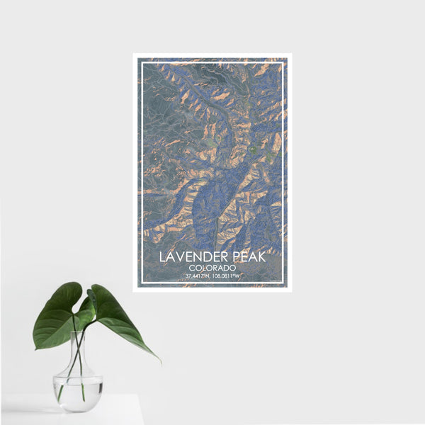 16x24 Lavender Peak Colorado Map Print Portrait Orientation in Afternoon Style With Tropical Plant Leaves in Water