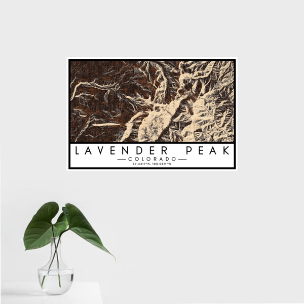 16x24 Lavender Peak Colorado Map Print Landscape Orientation in Ember Style With Tropical Plant Leaves in Water