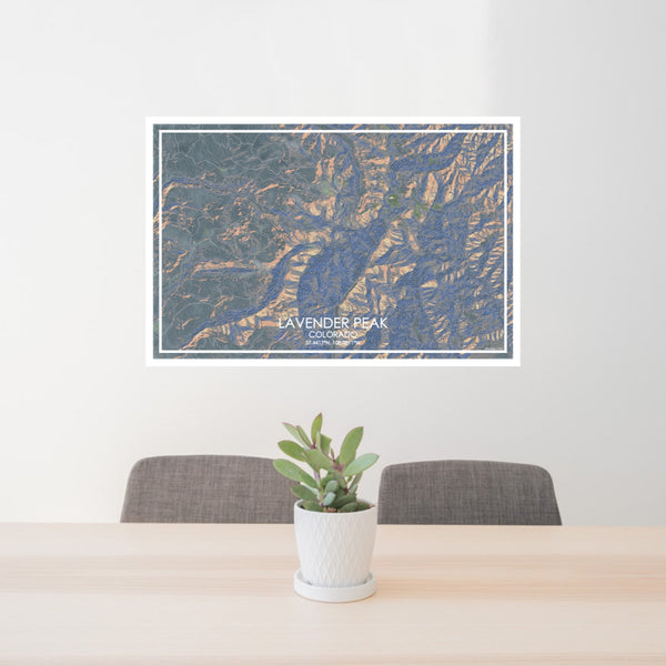 24x36 Lavender Peak Colorado Map Print Lanscape Orientation in Afternoon Style Behind 2 Chairs Table and Potted Plant