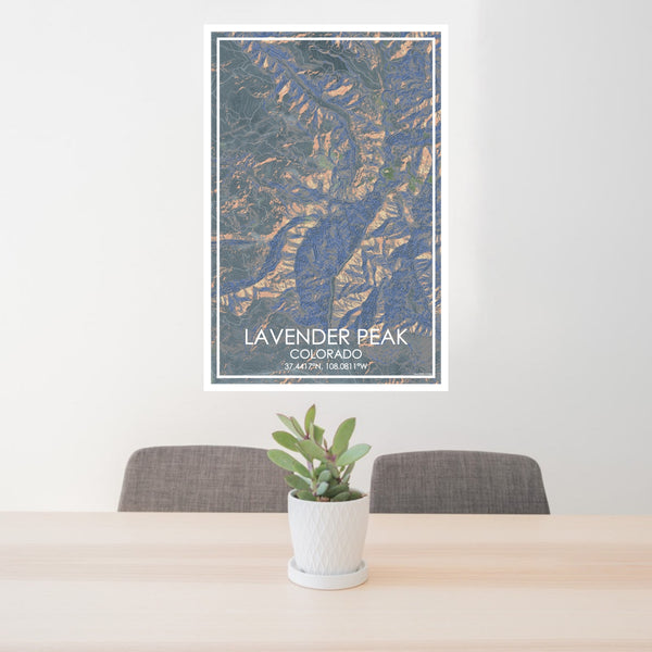 24x36 Lavender Peak Colorado Map Print Portrait Orientation in Afternoon Style Behind 2 Chairs Table and Potted Plant
