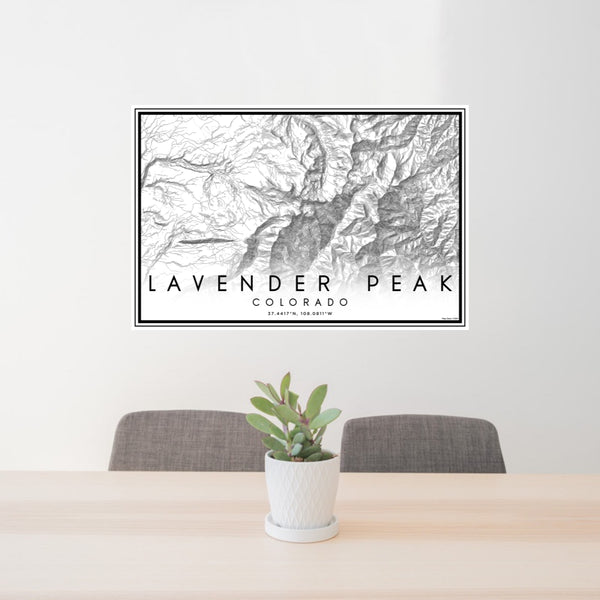 24x36 Lavender Peak Colorado Map Print Lanscape Orientation in Classic Style Behind 2 Chairs Table and Potted Plant