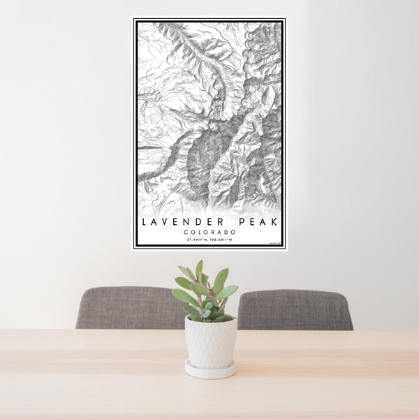 24x36 Lavender Peak Colorado Map Print Portrait Orientation in Classic Style Behind 2 Chairs Table and Potted Plant