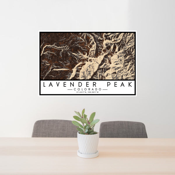 24x36 Lavender Peak Colorado Map Print Lanscape Orientation in Ember Style Behind 2 Chairs Table and Potted Plant