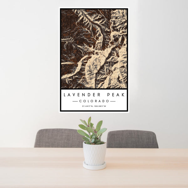 24x36 Lavender Peak Colorado Map Print Portrait Orientation in Ember Style Behind 2 Chairs Table and Potted Plant