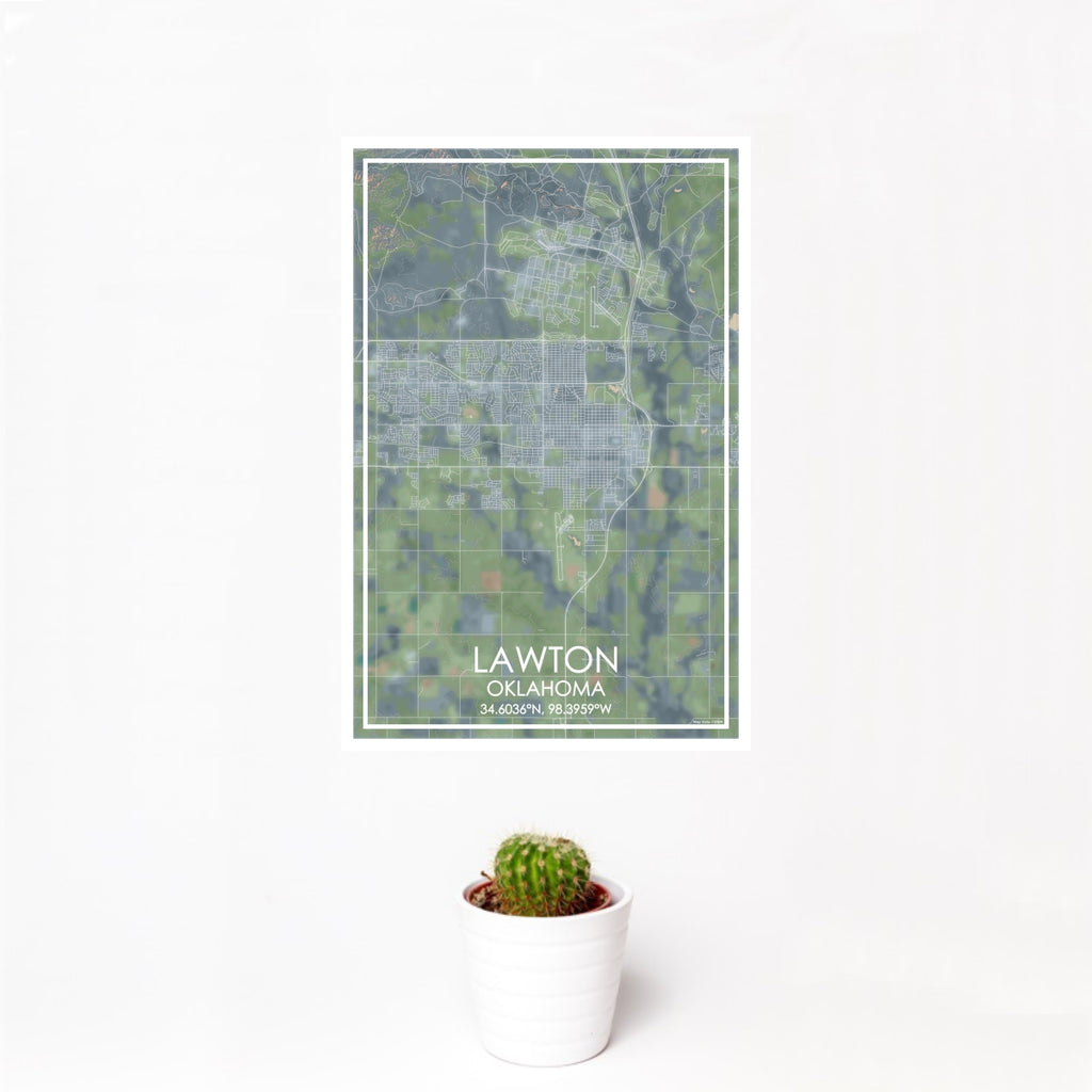 12x18 Lawton Oklahoma Map Print Portrait Orientation in Afternoon Style With Small Cactus Plant in White Planter