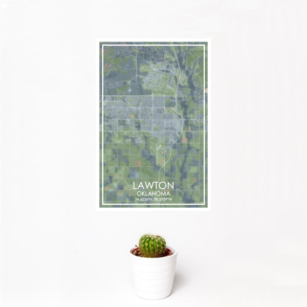 12x18 Lawton Oklahoma Map Print Portrait Orientation in Afternoon Style With Small Cactus Plant in White Planter