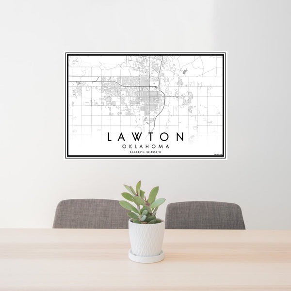 24x36 Lawton Oklahoma Map Print Lanscape Orientation in Classic Style Behind 2 Chairs Table and Potted Plant