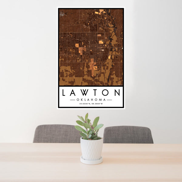 24x36 Lawton Oklahoma Map Print Portrait Orientation in Ember Style Behind 2 Chairs Table and Potted Plant