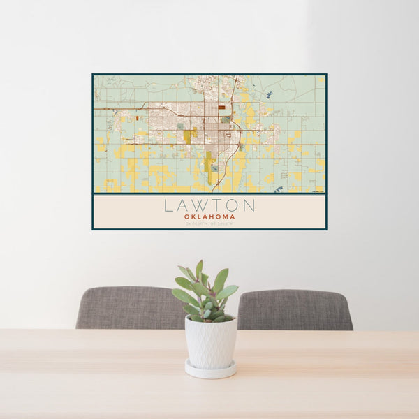 24x36 Lawton Oklahoma Map Print Lanscape Orientation in Woodblock Style Behind 2 Chairs Table and Potted Plant