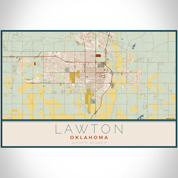 Lawton Oklahoma Map Print Landscape Orientation in Woodblock Style With Shaded Background