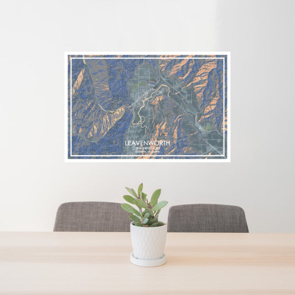 24x36 Leavenworth Washington Map Print Lanscape Orientation in Afternoon Style Behind 2 Chairs Table and Potted Plant
