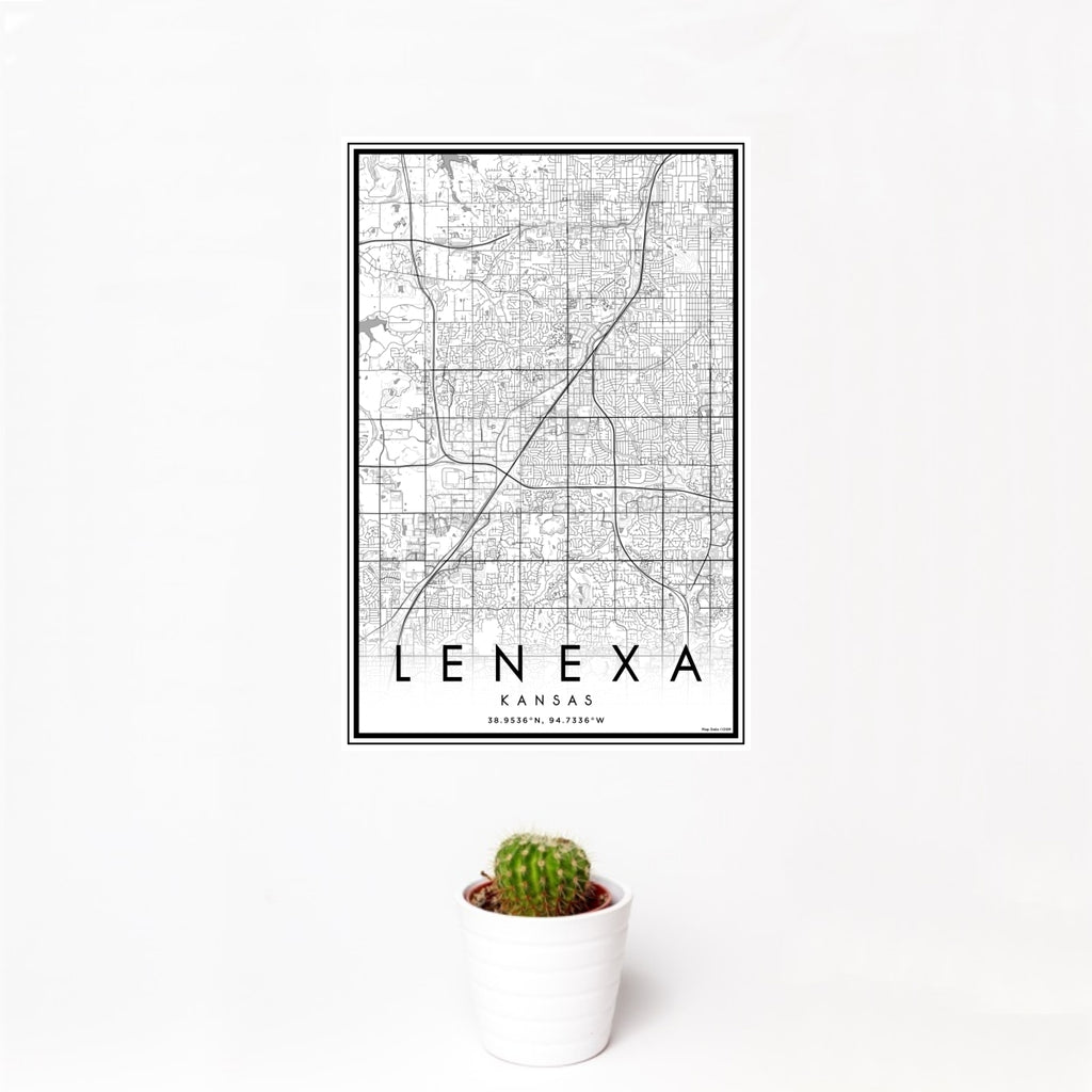 12x18 Lenexa Kansas Map Print Portrait Orientation in Classic Style With Small Cactus Plant in White Planter