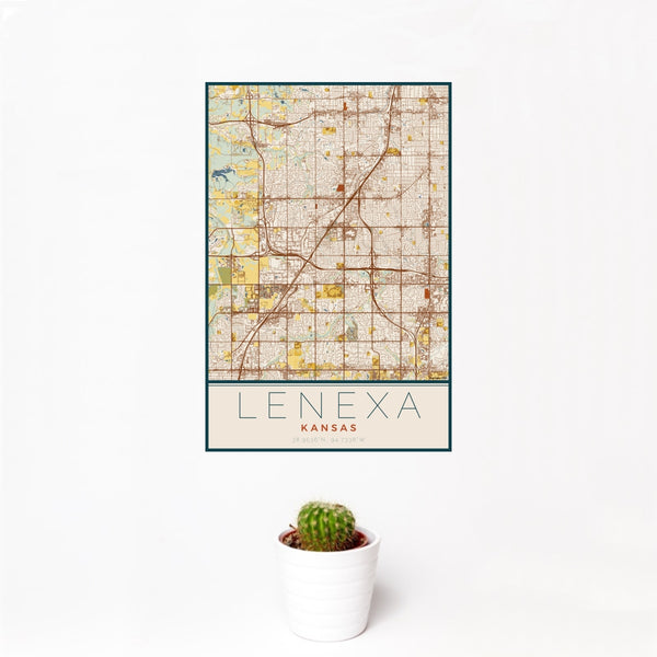 12x18 Lenexa Kansas Map Print Portrait Orientation in Woodblock Style With Small Cactus Plant in White Planter