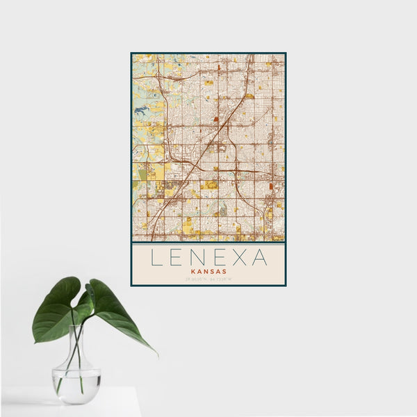 16x24 Lenexa Kansas Map Print Portrait Orientation in Woodblock Style With Tropical Plant Leaves in Water