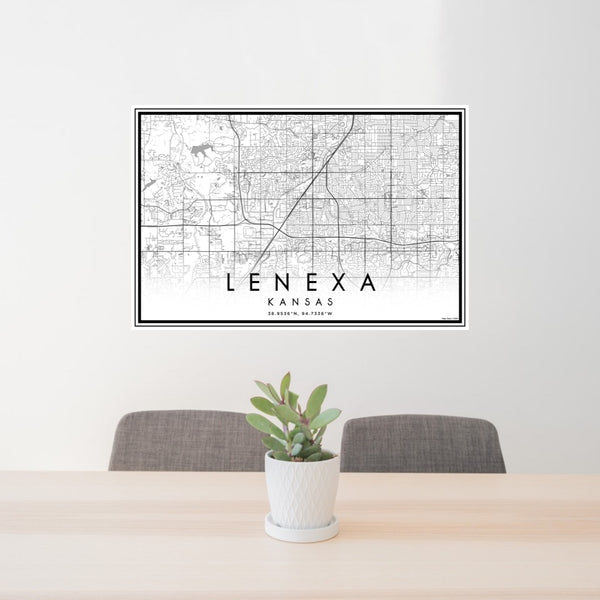 24x36 Lenexa Kansas Map Print Lanscape Orientation in Classic Style Behind 2 Chairs Table and Potted Plant