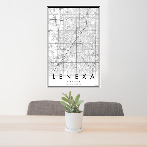24x36 Lenexa Kansas Map Print Portrait Orientation in Classic Style Behind 2 Chairs Table and Potted Plant