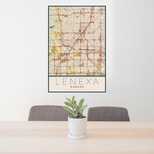 24x36 Lenexa Kansas Map Print Portrait Orientation in Woodblock Style Behind 2 Chairs Table and Potted Plant
