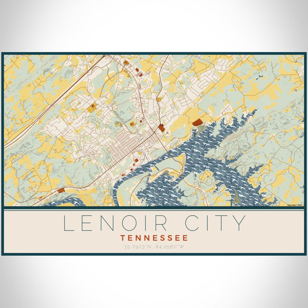 Lenoir City Tennessee Map Print Landscape Orientation in Woodblock Style With Shaded Background