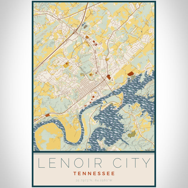 Lenoir City Tennessee Map Print Portrait Orientation in Woodblock Style With Shaded Background