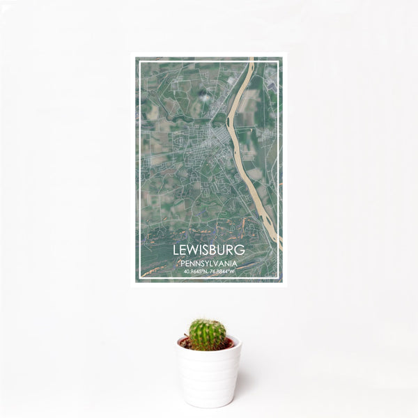 12x18 Lewisburg Pennsylvania Map Print Portrait Orientation in Afternoon Style With Small Cactus Plant in White Planter