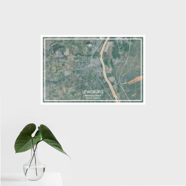 16x24 Lewisburg Pennsylvania Map Print Landscape Orientation in Afternoon Style With Tropical Plant Leaves in Water