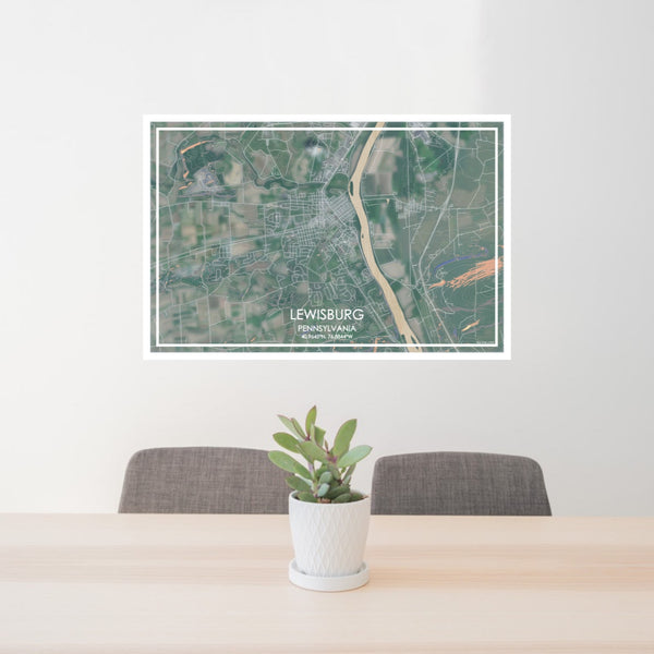 24x36 Lewisburg Pennsylvania Map Print Lanscape Orientation in Afternoon Style Behind 2 Chairs Table and Potted Plant