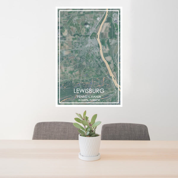 24x36 Lewisburg Pennsylvania Map Print Portrait Orientation in Afternoon Style Behind 2 Chairs Table and Potted Plant