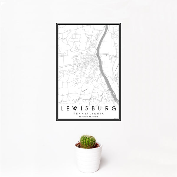 12x18 Lewisburg Pennsylvania Map Print Portrait Orientation in Classic Style With Small Cactus Plant in White Planter