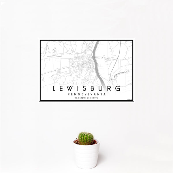 12x18 Lewisburg Pennsylvania Map Print Landscape Orientation in Classic Style With Small Cactus Plant in White Planter