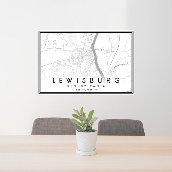 24x36 Lewisburg Pennsylvania Map Print Landscape Orientation in Classic Style Behind 2 Chairs Table and Potted Plant