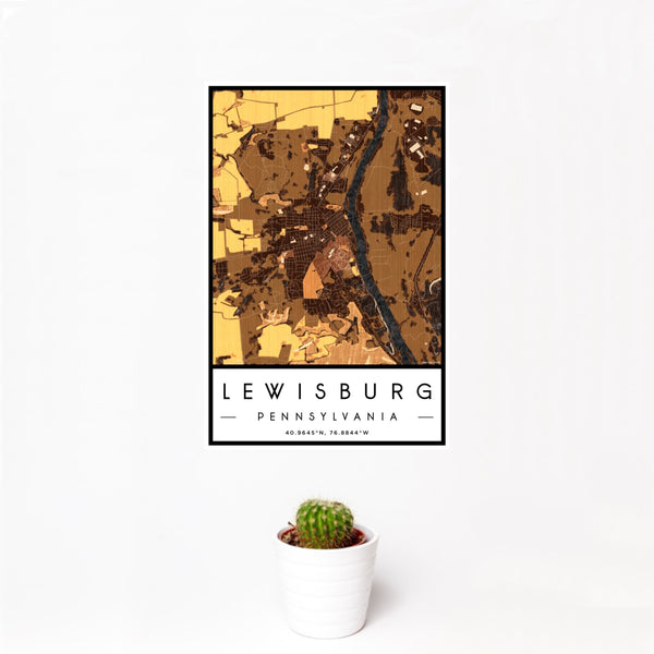 12x18 Lewisburg Pennsylvania Map Print Portrait Orientation in Ember Style With Small Cactus Plant in White Planter