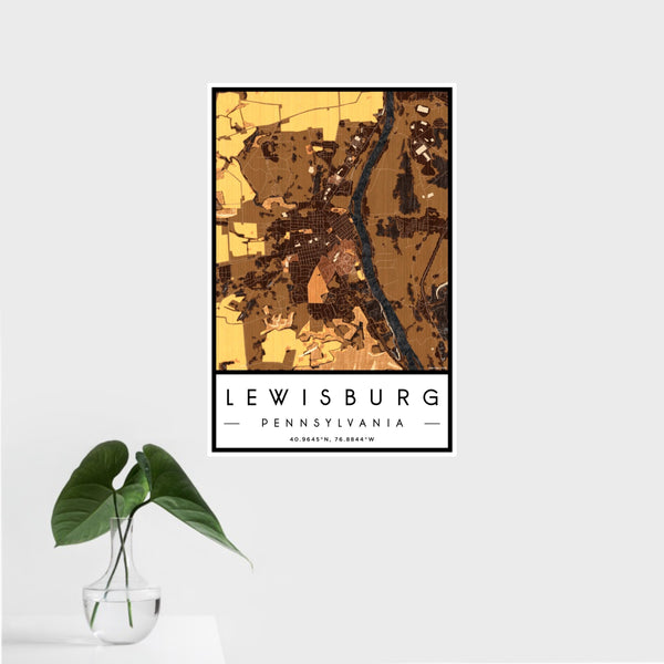 16x24 Lewisburg Pennsylvania Map Print Portrait Orientation in Ember Style With Tropical Plant Leaves in Water