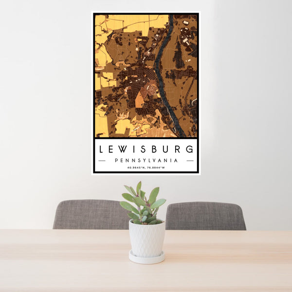24x36 Lewisburg Pennsylvania Map Print Portrait Orientation in Ember Style Behind 2 Chairs Table and Potted Plant