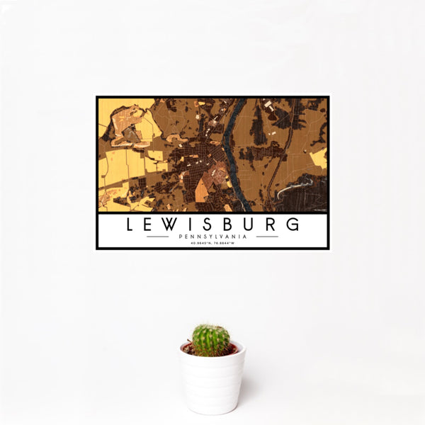 12x18 Lewisburg Pennsylvania Map Print Landscape Orientation in Ember Style With Small Cactus Plant in White Planter