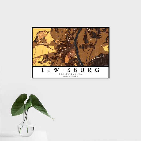 16x24 Lewisburg Pennsylvania Map Print Landscape Orientation in Ember Style With Tropical Plant Leaves in Water