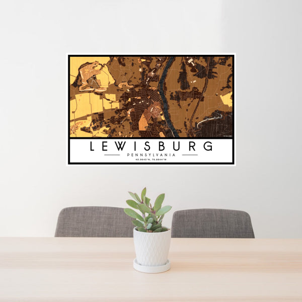 24x36 Lewisburg Pennsylvania Map Print Landscape Orientation in Ember Style Behind 2 Chairs Table and Potted Plant