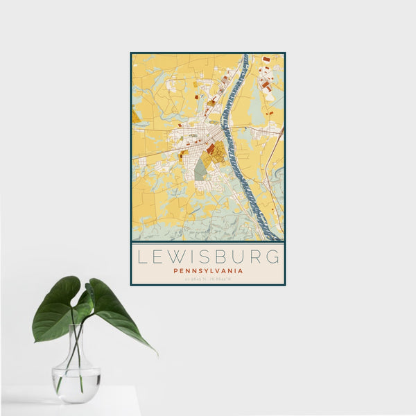 16x24 Lewisburg Pennsylvania Map Print Portrait Orientation in Woodblock Style With Tropical Plant Leaves in Water