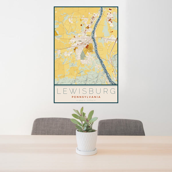 24x36 Lewisburg Pennsylvania Map Print Portrait Orientation in Woodblock Style Behind 2 Chairs Table and Potted Plant