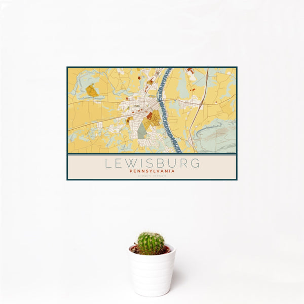 12x18 Lewisburg Pennsylvania Map Print Landscape Orientation in Woodblock Style With Small Cactus Plant in White Planter