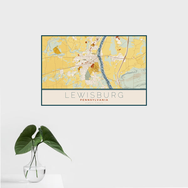 16x24 Lewisburg Pennsylvania Map Print Landscape Orientation in Woodblock Style With Tropical Plant Leaves in Water