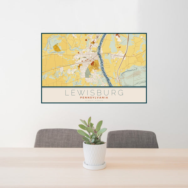24x36 Lewisburg Pennsylvania Map Print Landscape Orientation in Woodblock Style Behind 2 Chairs Table and Potted Plant