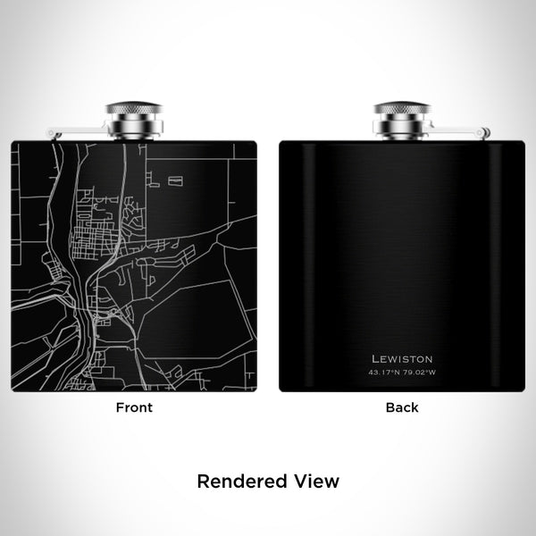 Rendered View of Lewiston New York Map Engraving on 6oz Stainless Steel Flask in Black