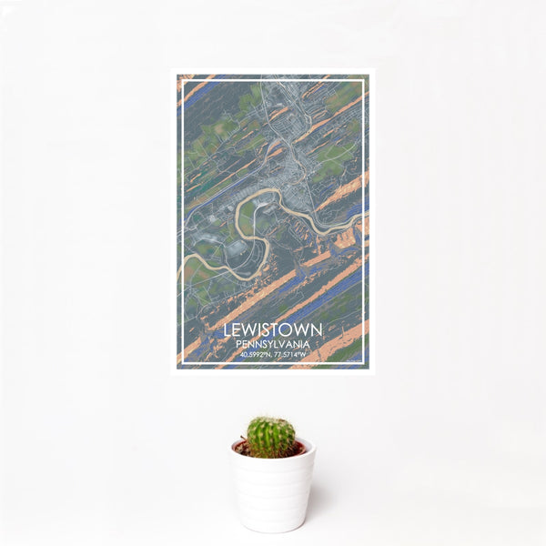 12x18 Lewistown Pennsylvania Map Print Portrait Orientation in Afternoon Style With Small Cactus Plant in White Planter